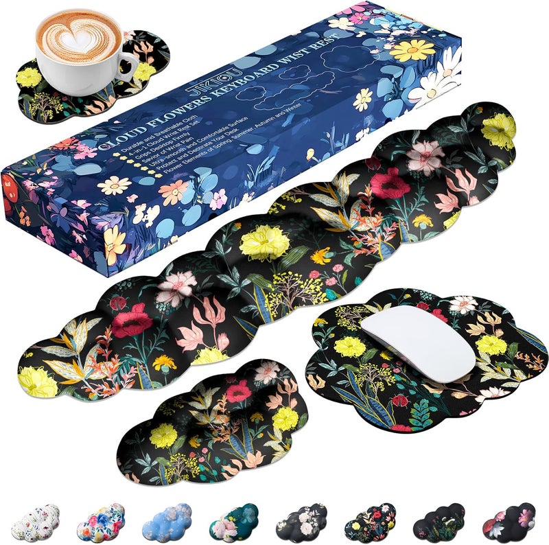 JIKIOU Cloud Wrist Rest Keyboard, Cloud Keyboard Wrist Pad Set with Comfortable Cloth, Cute Arm Rest for Palm Support, PC/Gaming Desk Accessories/Office Setup/Computer Hand Cushion Black Flowers - Image 1